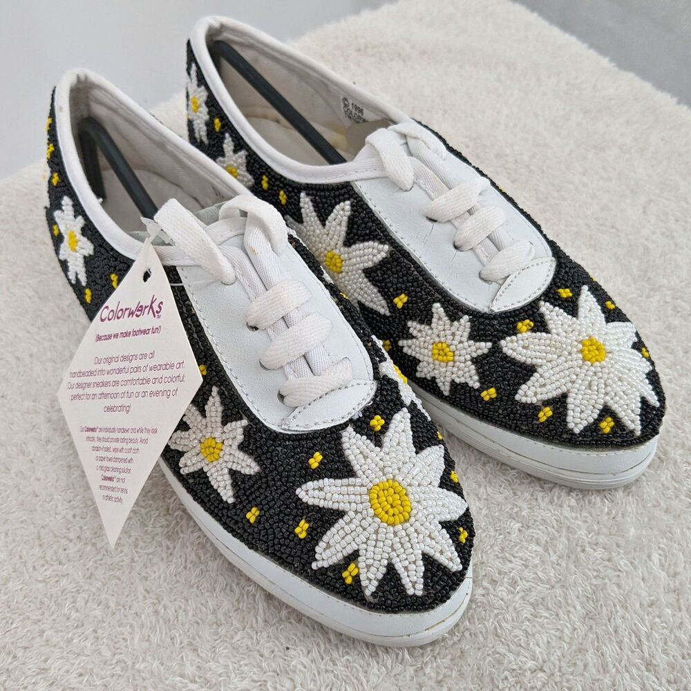 NWT Vintage 1990s Colorwerks Tennis Shoes Beaded Sneakers Floral Daisy Size 6